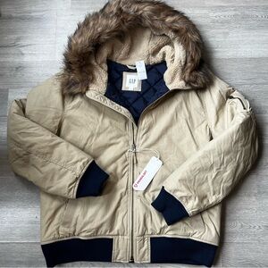 GAP Men's Beige Bomber Coat Jacket with Faux Fur Hood